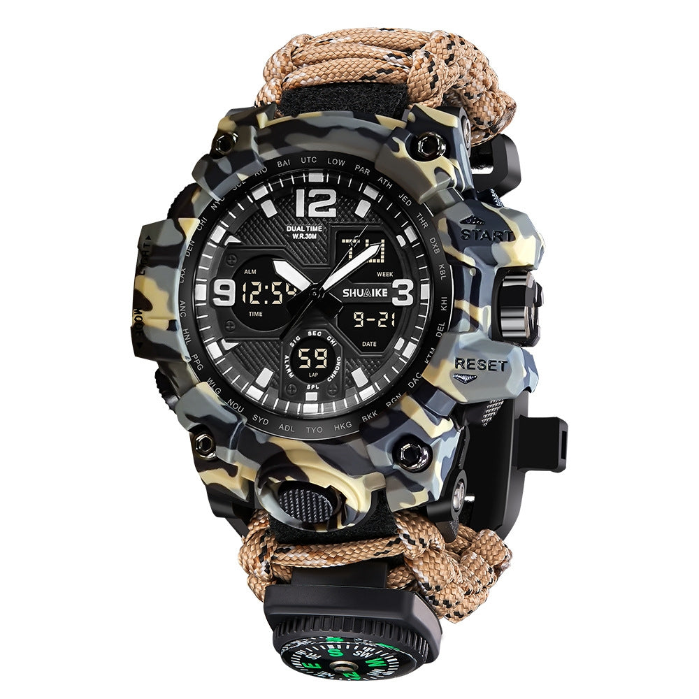 Reloj Electrónico de Doble Pantalla Silbato Encendedor Brújula Termómetro Reloj para Hombre