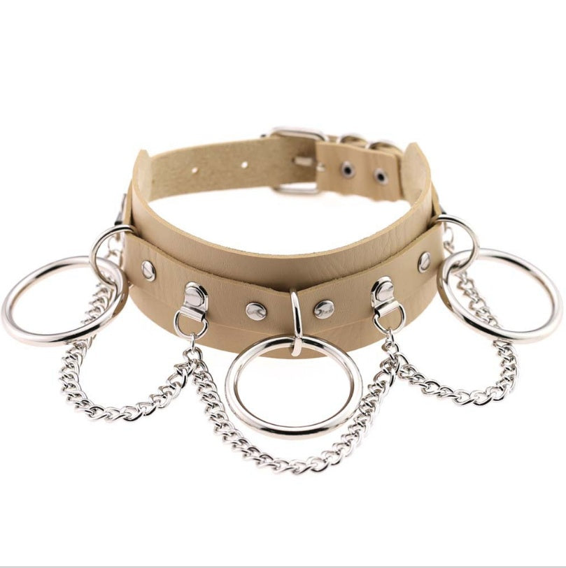 European and American style personality exaggerated PU leather collar necklace Punk street shooting nightclub O-ring chain clavicle chain neck collar