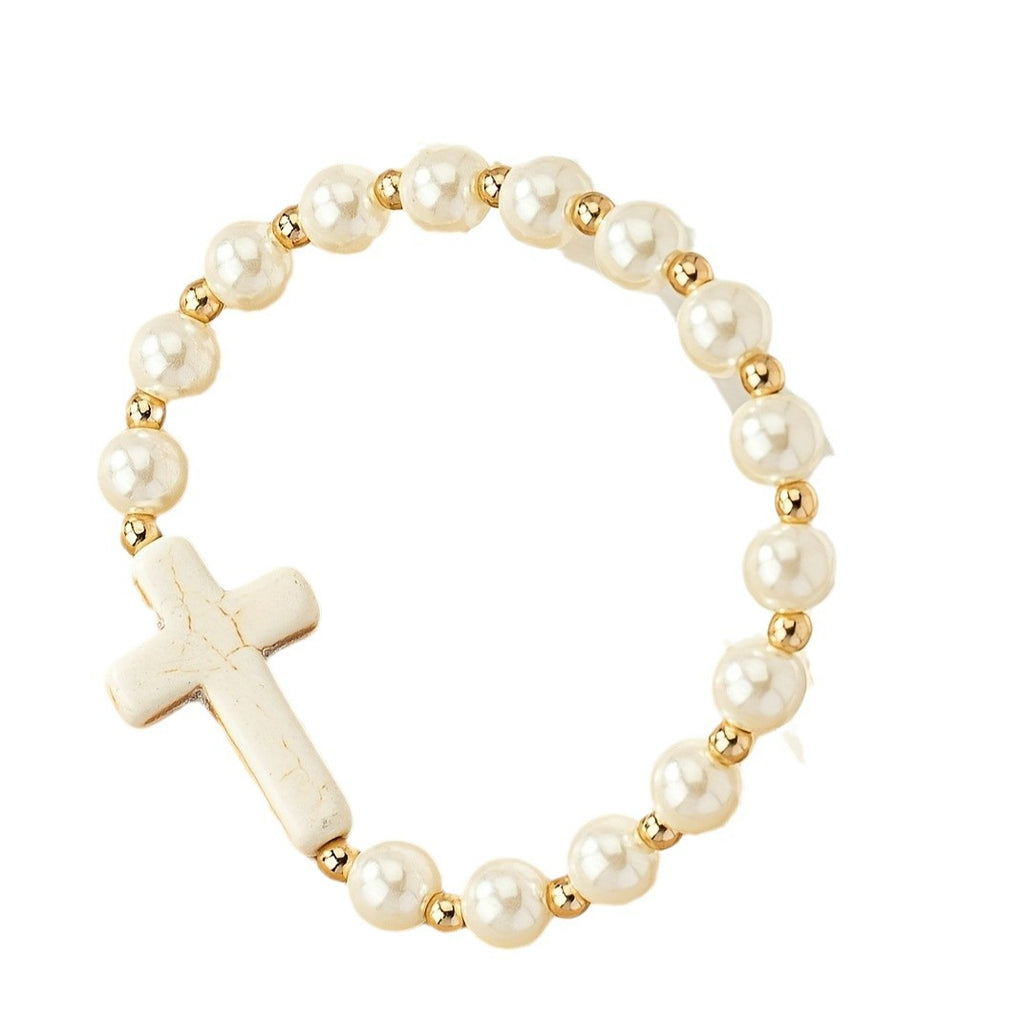 Pulsera Cruz Piedra Natural Perla