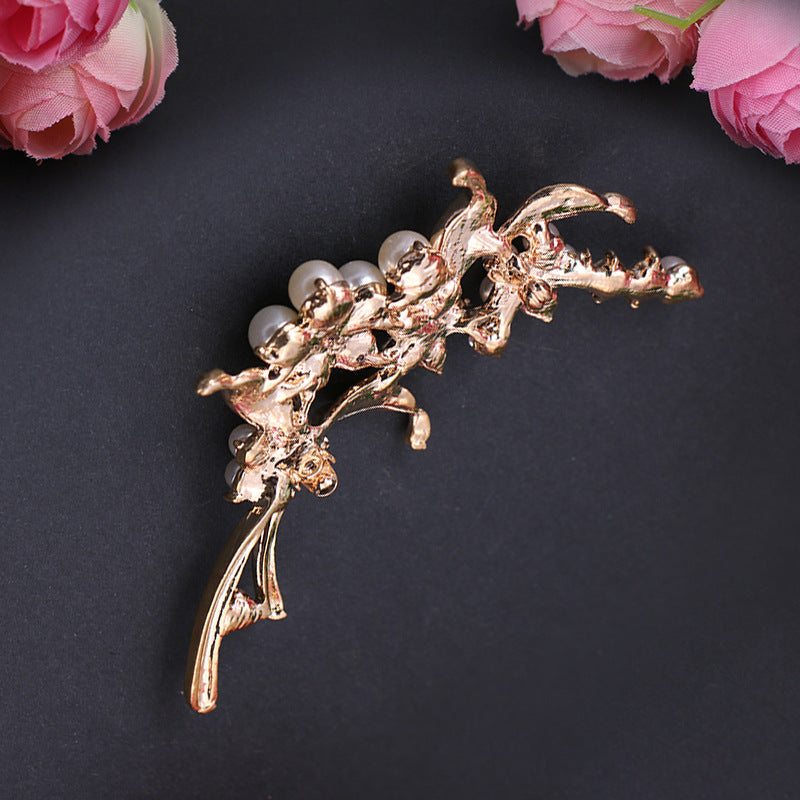 Nueva moda, broche de perlas con incrustaciones de diamantes, flor de bauhinia
