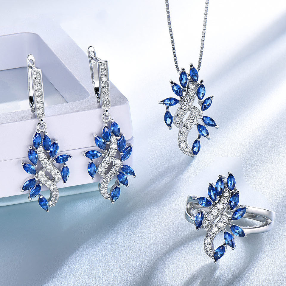 Saphirblatt-Set mit Diamant-Anhänger, Ohrringen und Ring, 3-teiliges Set