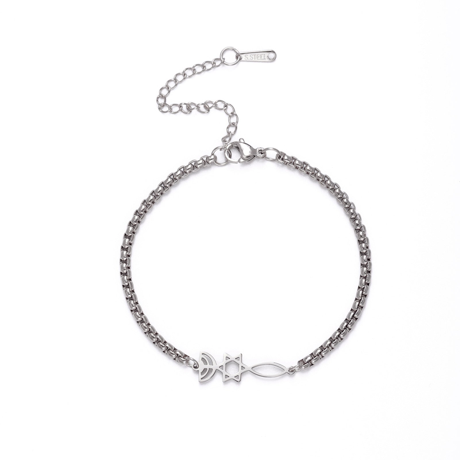 Pulsera de acero de titanio cortado, colgante de pez con estrella de seis puntas hueca