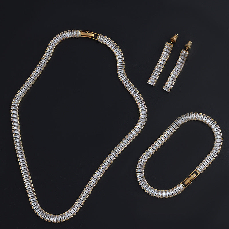 Zirkonkrallenkette, komplett besetztes Collier, Ohrhänger und Armband, dreiteiliges Set