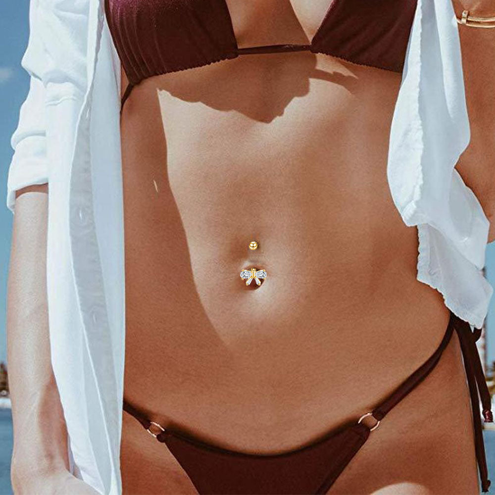 Pendiente de ombligo con incrustaciones de circón en forma de lazo, de acero inoxidable, para piercing corporal