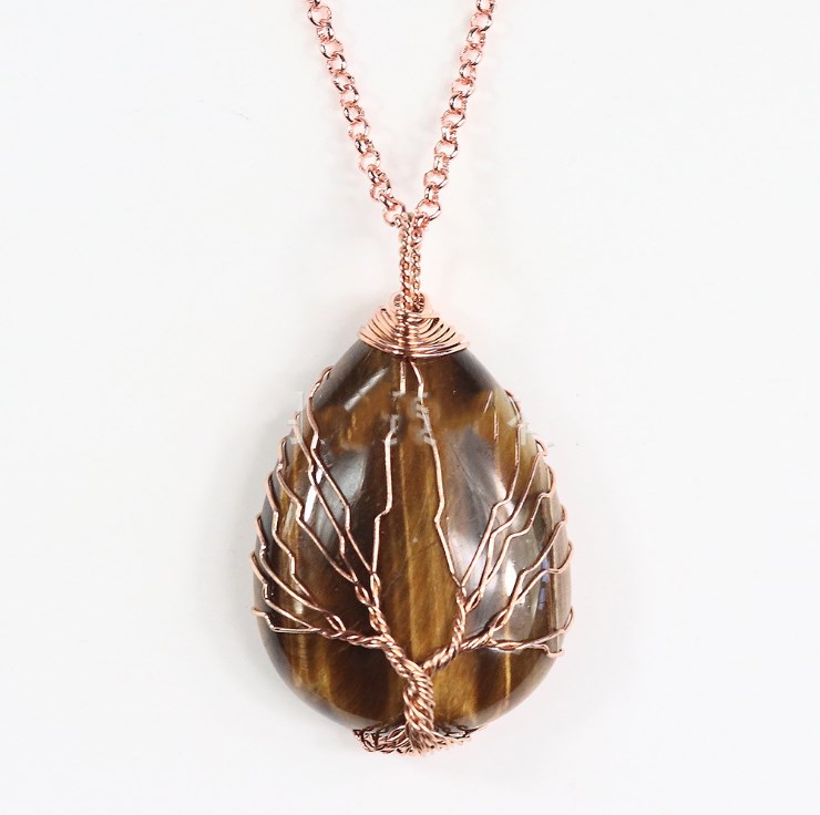 Natürlicher Quarz-Opal-Stein-Anhänger Handgemachte Roségold-Farbe Handgemachter Lebensbaum Umwickelter Tropfenförmiger Kristall-Anhänger-Halskette