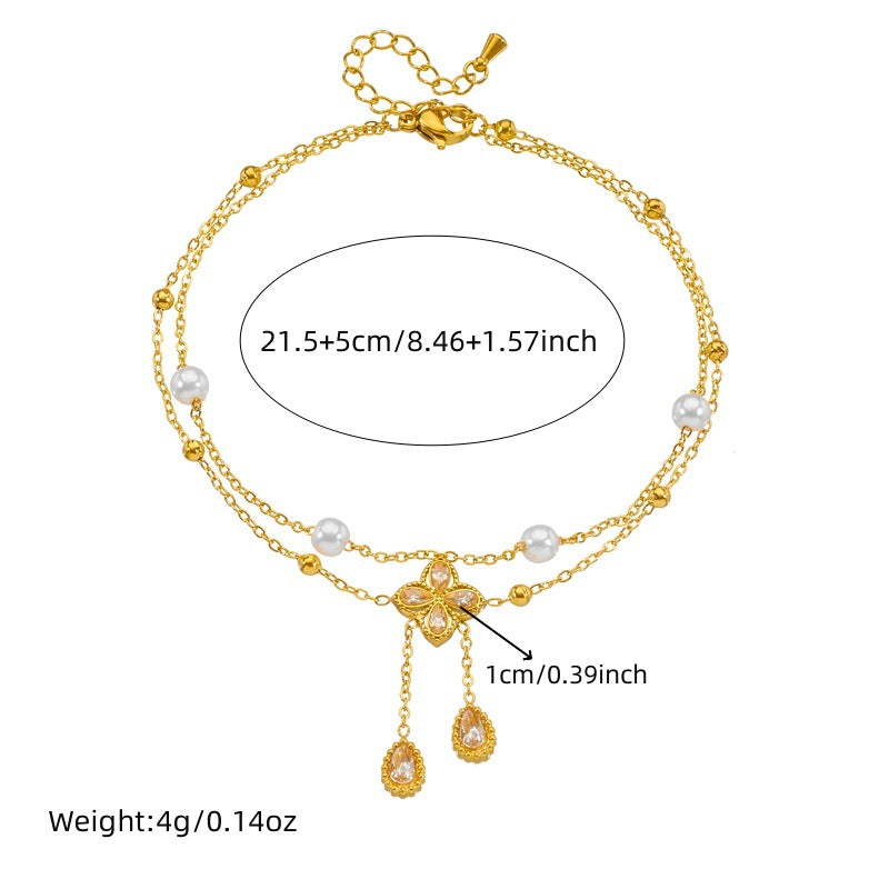 Tobillera de perlas con flor de diamante y doble capa de diamantes gemelos a la moda