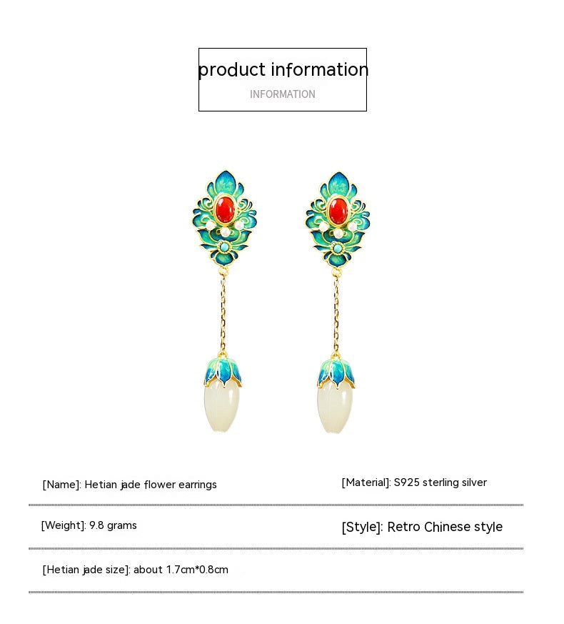 Pendientes de flor de plata S925 con incrustaciones de jade blanco Hetian