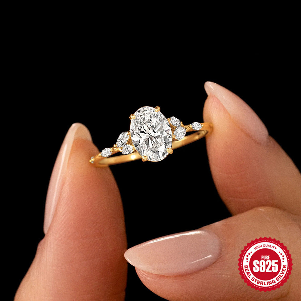 Anillo de Zirconia con Forma de Huevo de Plata Esterlina S925, Anillo de Diamantes Estilo Ins Europeo y Americano