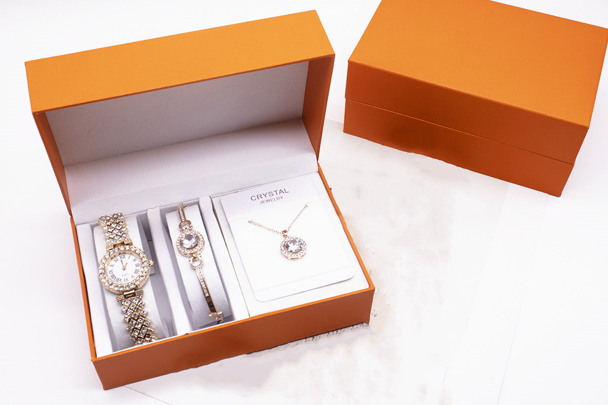 Juego de reloj de 3 piezas con pedrería, pulsera y collar
