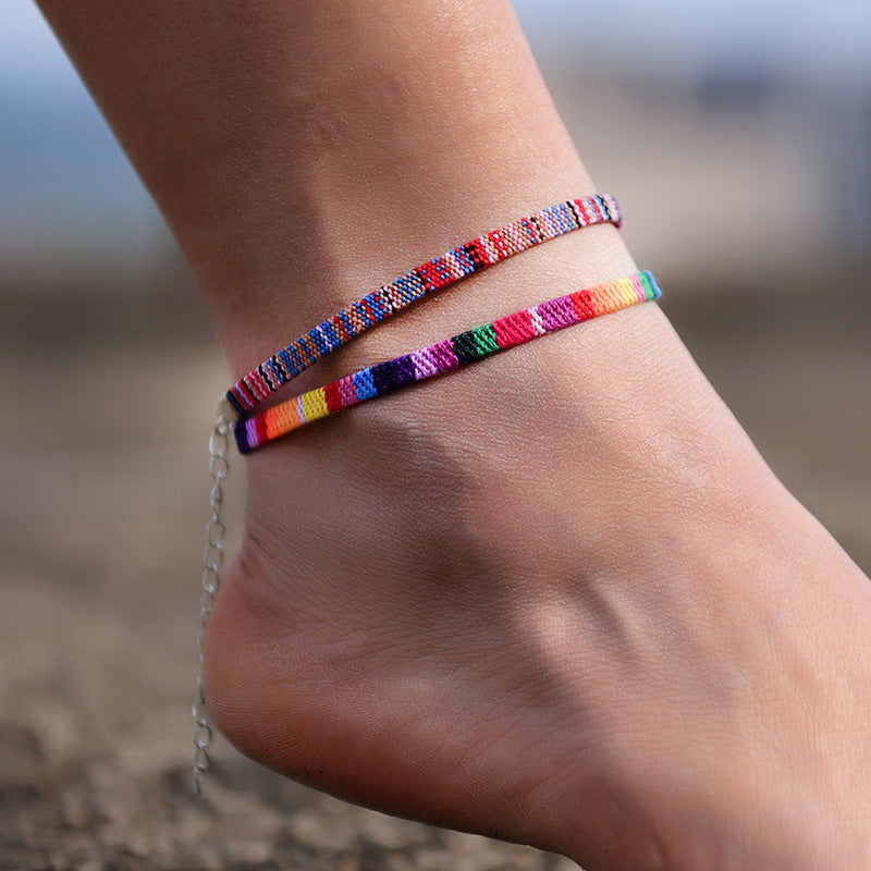 Pulsera de tobillo bohemia de cadena, de hilo, hecha a mano