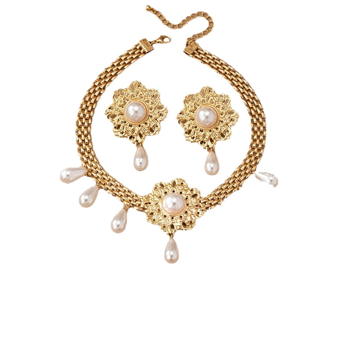 Französische Retro Aushöhlen Blume Perle Quaste Halskette Ohrstecker Ring