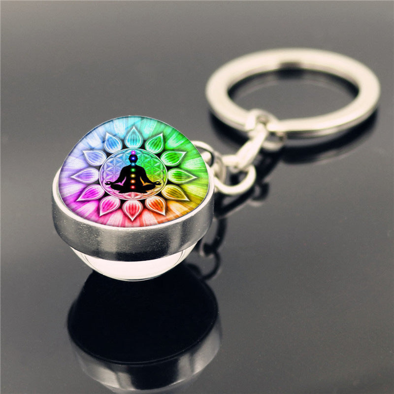 Nuevo Llavero con Colgante de Bola de Cristal de Doble Cara con Símbolo de Yoga