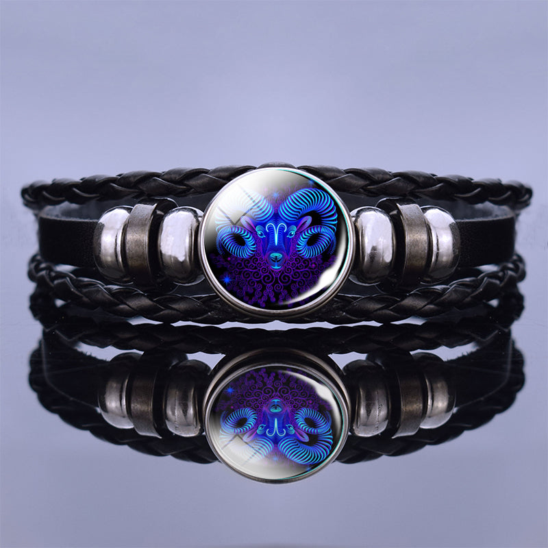 Leuchtendes Zwölf-Sternzeichen-Paar-Armband Schwarzes Lederarmband