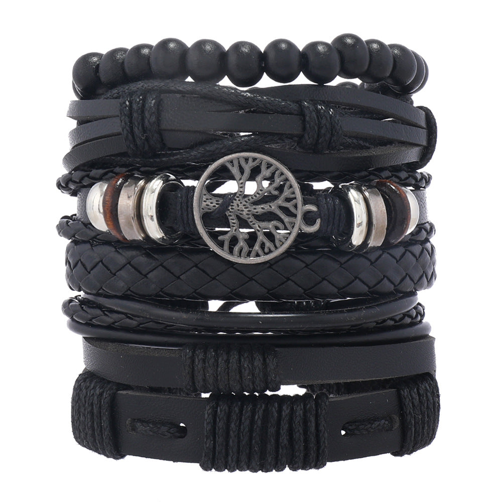European And American Men's Vintage Weave Multi-layer Leather Bracelet Lucky Tree Series Six-piece Set