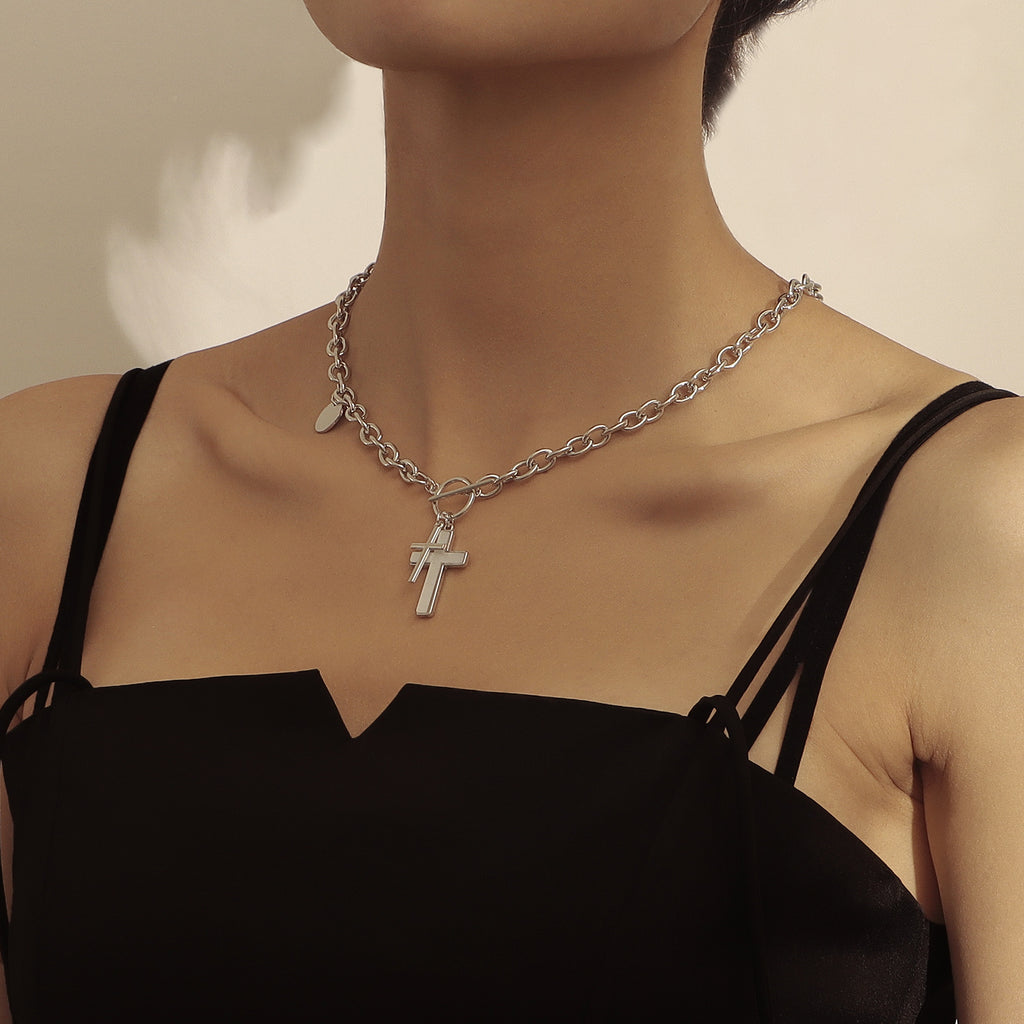 Punk Double Cross White Shell Pendant Necklace