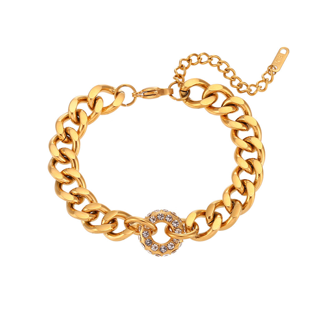 Trendiges Temperamentvolles Armband Ornament Edelstahl Kubanische Gliederkette Zirkon Donut Anhänger Halskette