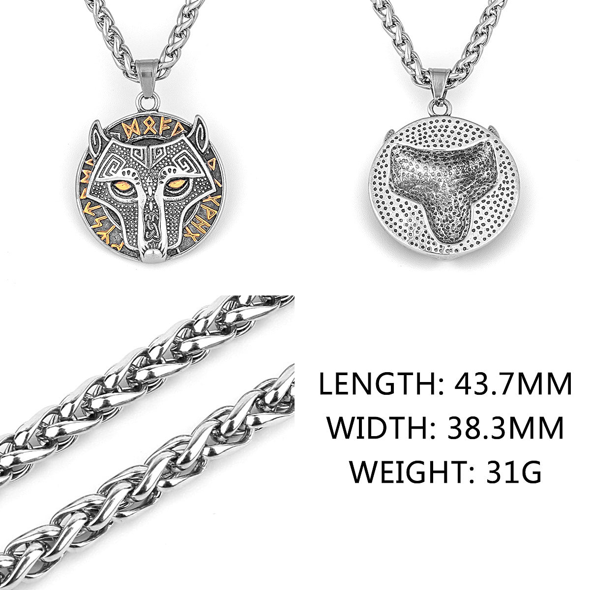 Wikinger Goldener Wolfskopf Aoding Rune Titan-Stahl-Anhänger für Herren