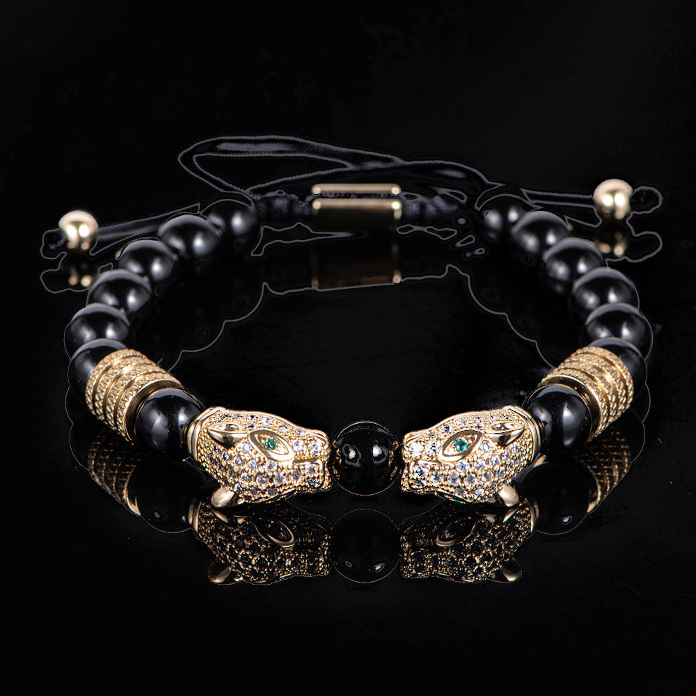 Men's Black Double Leopard Head Braided Stainless Steel Roman Numeral Bracelet Suit