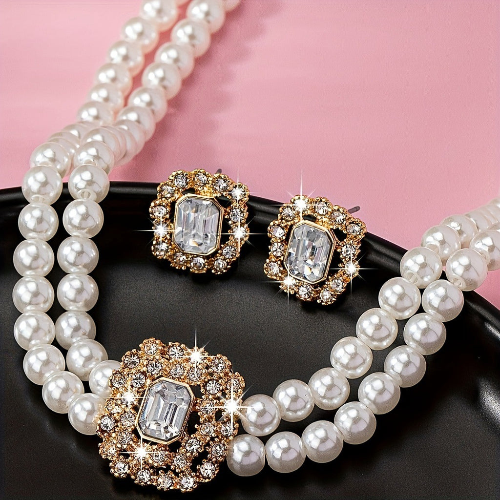 Stilvolles elegantes Doppelreihen-Perlen-Quadrat-Diamant-Halsketten-Ohrringe-Set