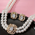 Stilvolles elegantes Doppelreihen-Perlen-Quadrat-Diamant-Halsketten-Ohrringe-Set