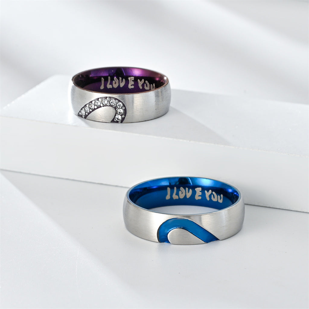 Anillo para pareja de acero inoxidable con forma de corazón y diamante "I LOVE YOU"