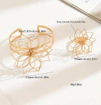 Lxalry Fashion Women's Jewelry Set, Elegant Geometric Lattice Flower Ring, Double-Layer Smooth Open Adjustable Bracelet With Inlaid Lattice Line Flower Bracelet, Suitable For Everyday, Wedding Party