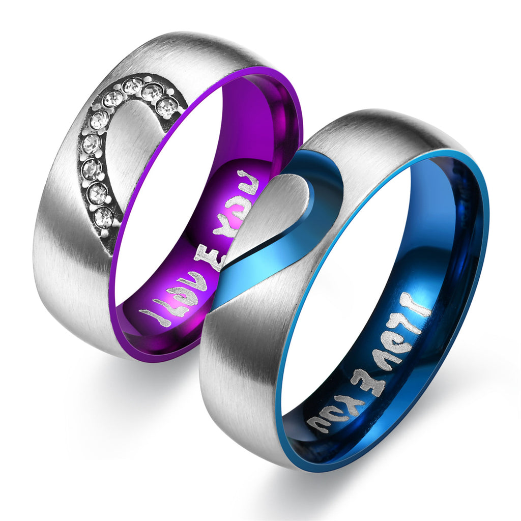 Anillo para pareja de acero inoxidable con forma de corazón y diamante "I LOVE YOU"