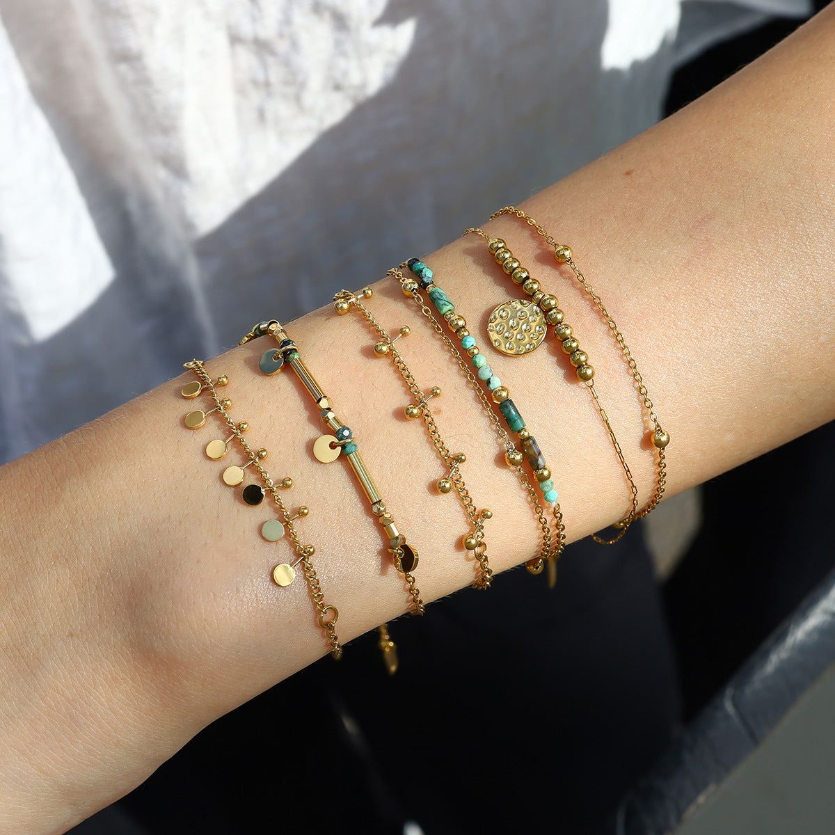 Pulsera de Acero Titanio y Piedra Natural, Estilo Retro Francés, Doble Hilo