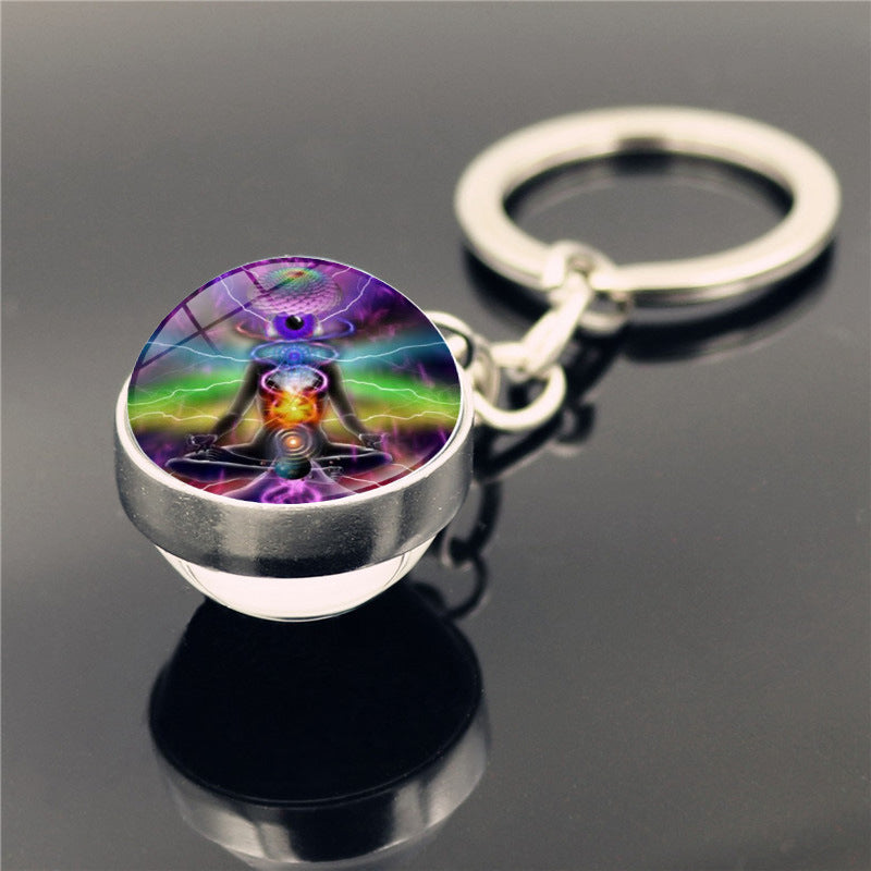 Nuevo Llavero con Colgante de Bola de Cristal de Doble Cara con Símbolo de Yoga