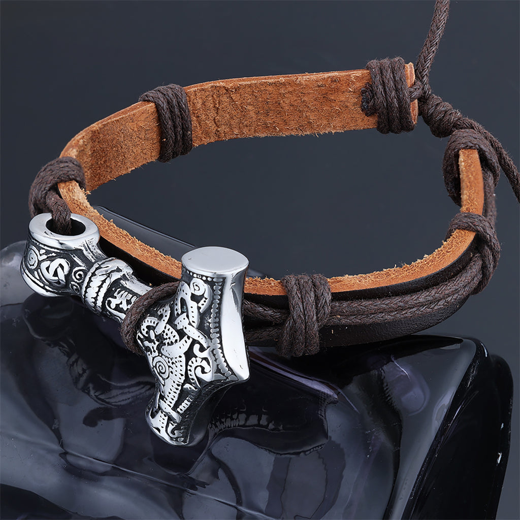Pulsera de cordón de cuero de estilo retro de acero inoxidable