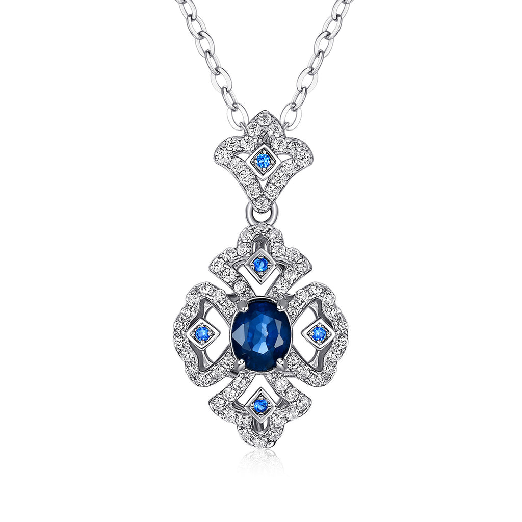 S925 Silber Retro Muster Halskette Damen Vielseitiger Natur Saphir Anhänger
