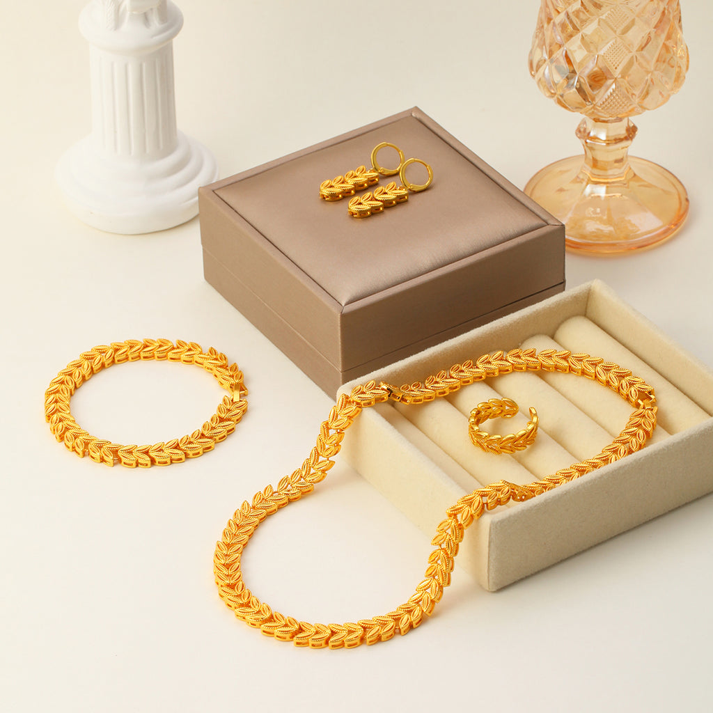 5pcs Retro Elegant 18k Gold Maple Leaf Women's Jewelry Set, Temperament Bridal Jewelry