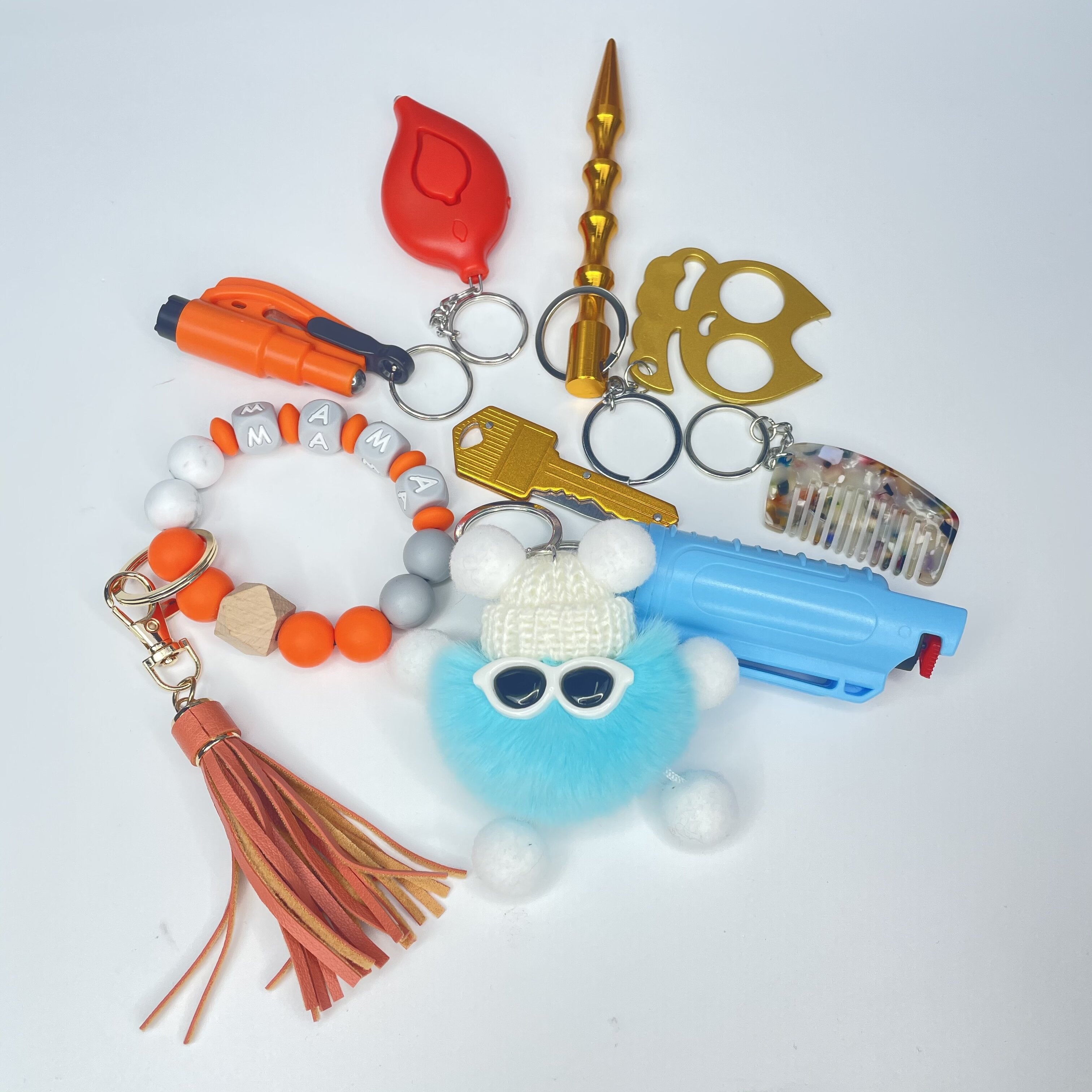 Bolsa de Lápiz Labial con Bola de Pelo, Pulsera, Llavero, Set de Pulseras