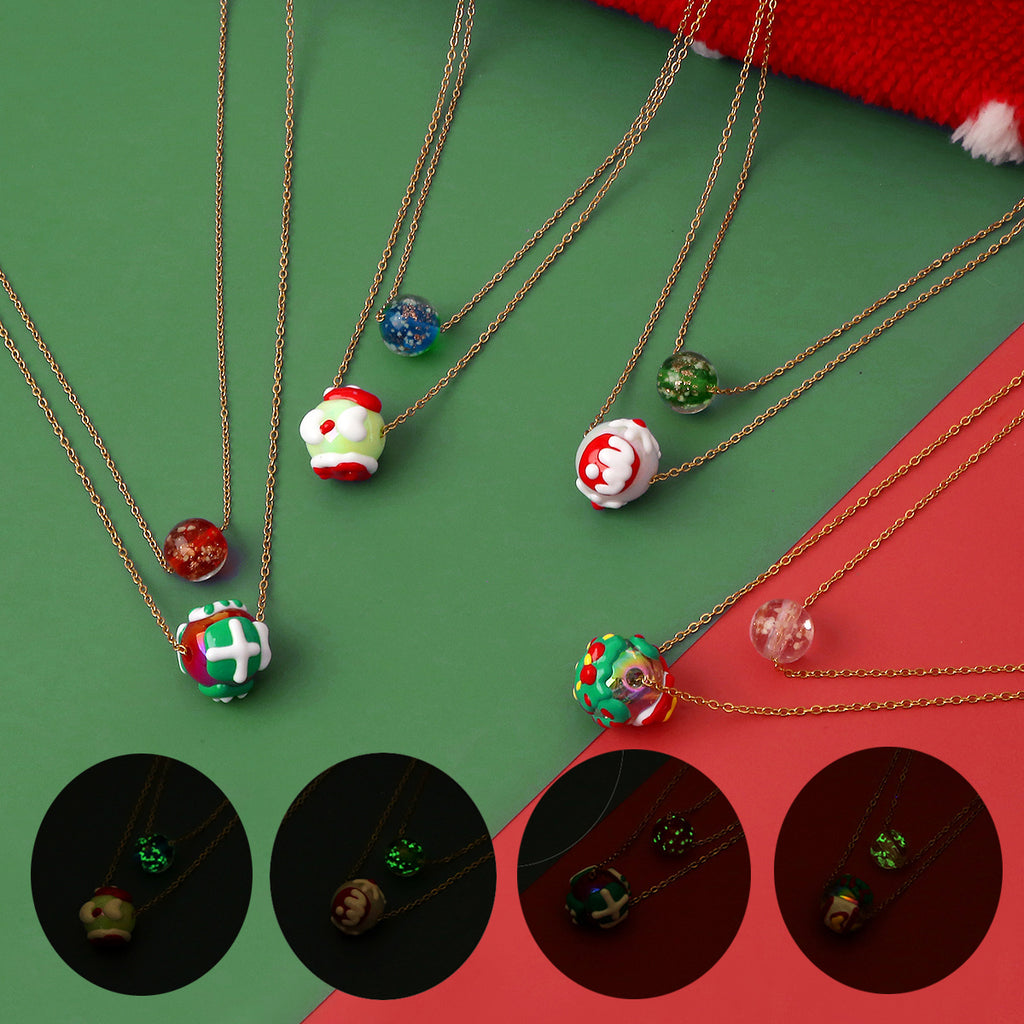 Weihnachts-Leucht-Halskette Mode Nische Weihnachtsbaum Weihnachtsmann Runde Perle Doppellagige Halskette für Damen Schmuck