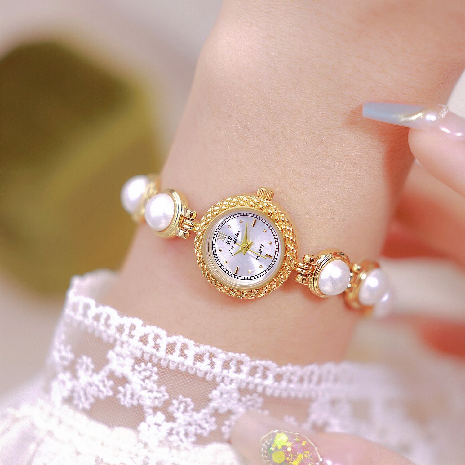 Reloj de pulsera de perlas BS New Light Luxury para mujer