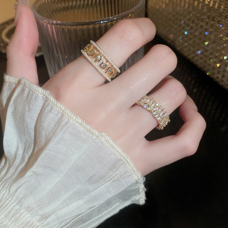 Anillo de Perlas de Circonita Calado Cuadrado Abierto Estilo Europeo y Americano Joyería Femenina
