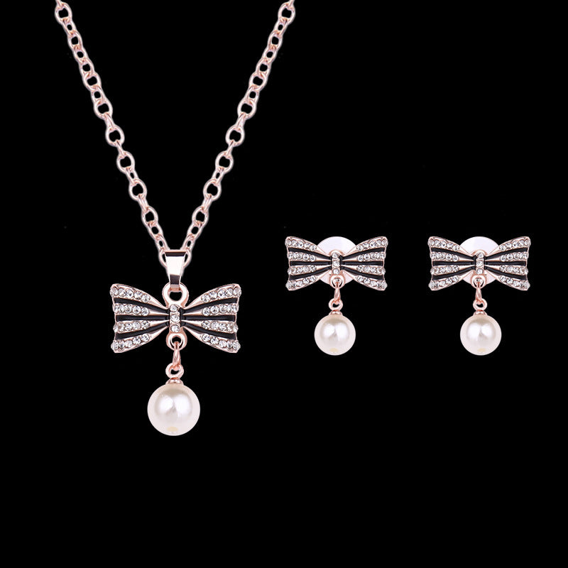 Mode All-Match Luxus Schleife Voll Diamant Halskette Ohrringe Schmuckset