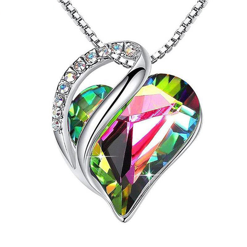 Sterling Silver Geometric Heart Shape Colorful Crystal Pendant Necklace For Women