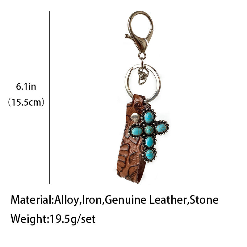 Llavero Retro Grabado Cuero Vacuno Estilo Western con Colgante de Flores de Calabaza Turquesa