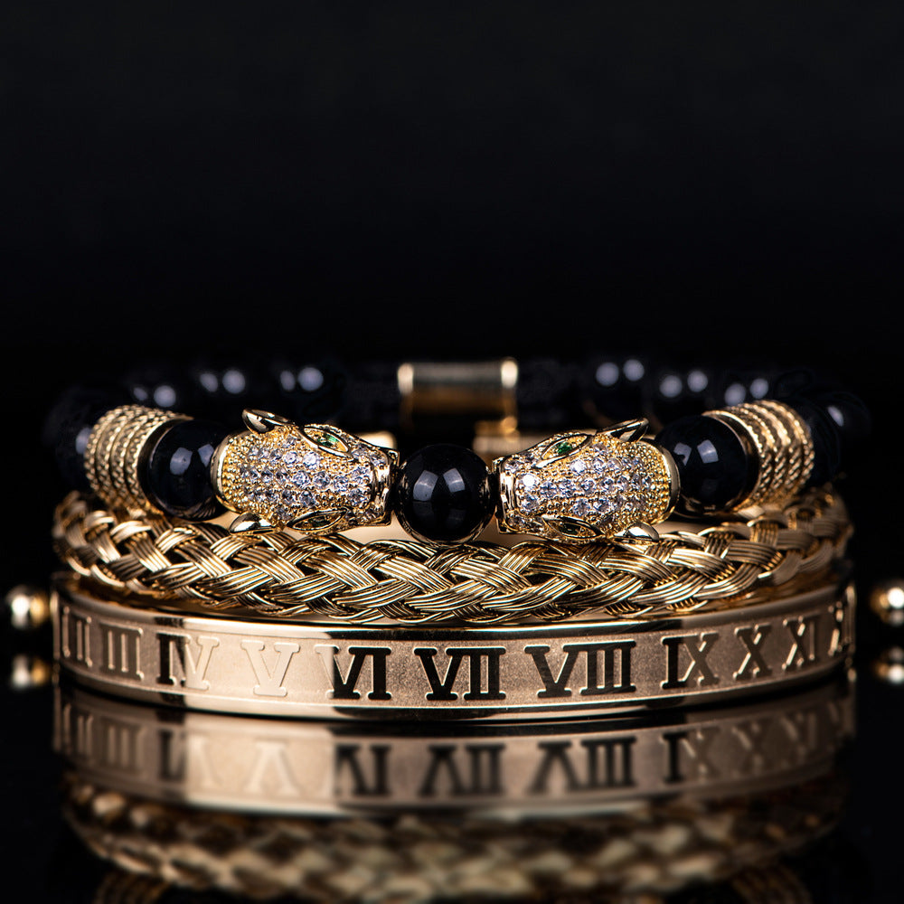 Men's Black Double Leopard Head Braided Stainless Steel Roman Numeral Bracelet Suit