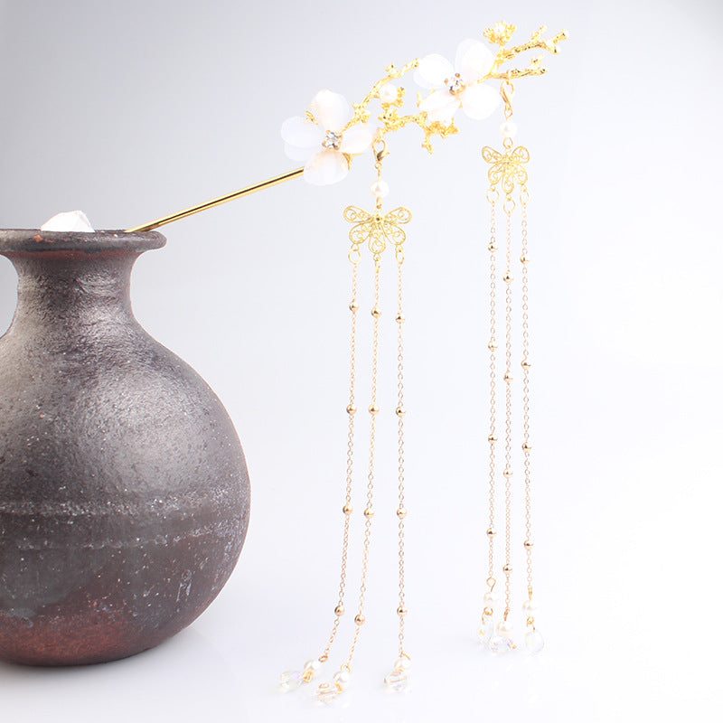 Accesorios para el cabello estilo antiguo Hanfu Horquilla con borla de rama de flor de ciruelo Taladro de flor blanca