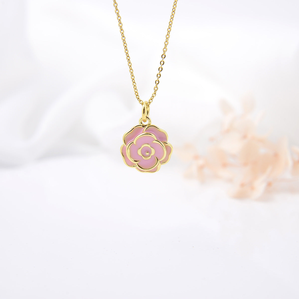 Damenschmuck Kupferplattiert Goldfarben Rose Tropföl Anhänger Halskette