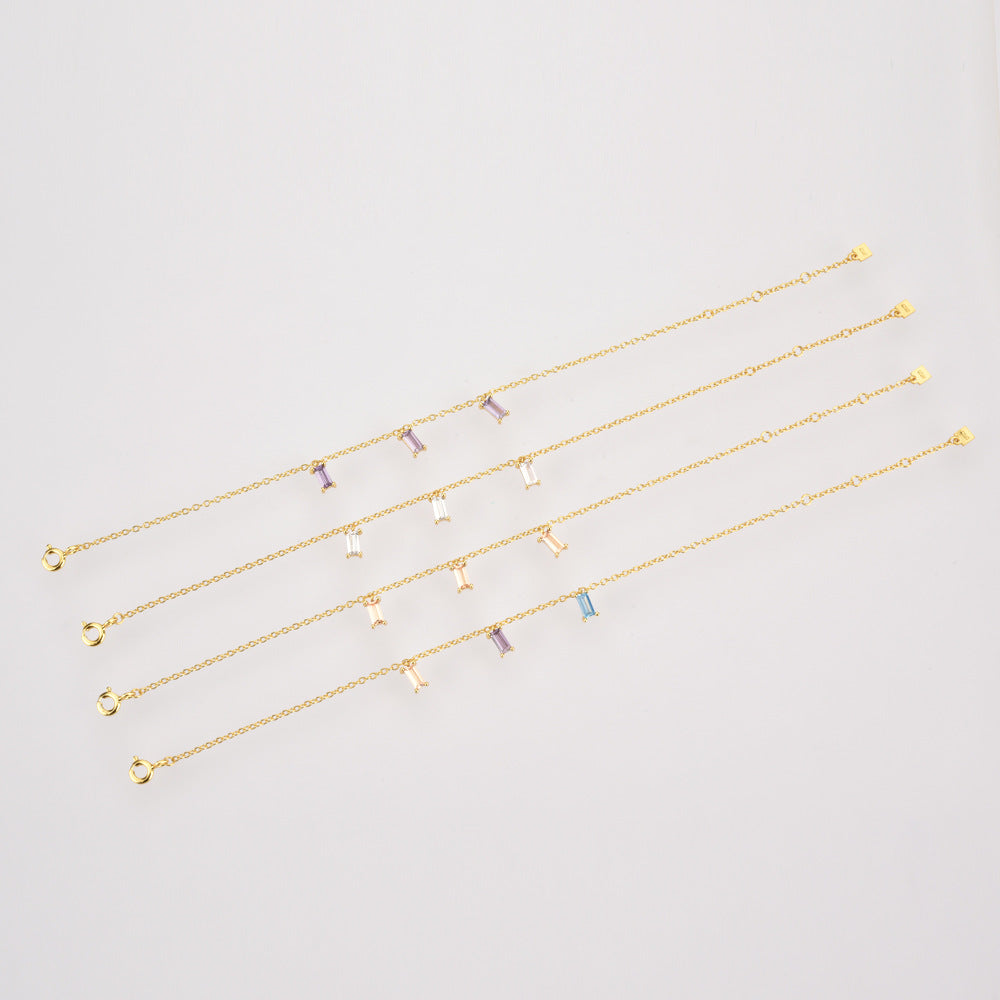 Simple Color 3 Square Stone Rainbow Sterling Silver Bracelet
