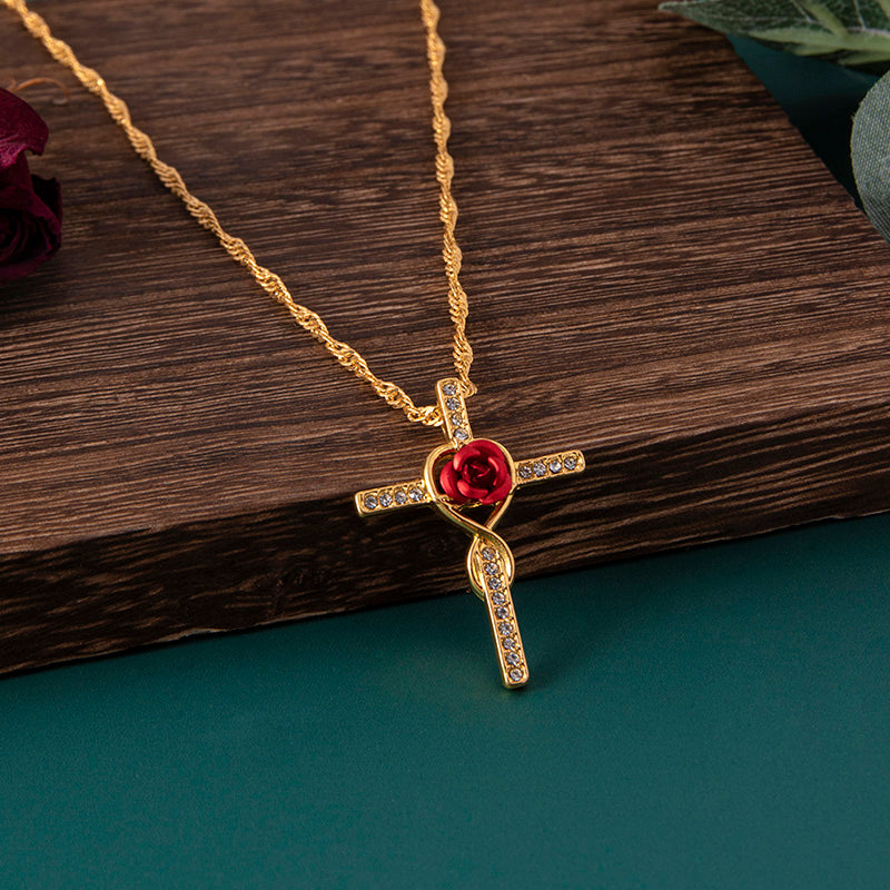 Mode Rose Blume Kreuz Halskette Gold Kristall Unendlichkeit Anka Anhänger Halsketten für Frauen Religiöser Schmuck