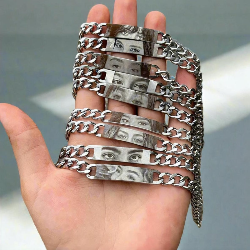 Personalisiertes Armband mit menschlichem Auge, DIY-Laser-graviertes Edelstahl-Paararmband, graviertes Porträtarmband