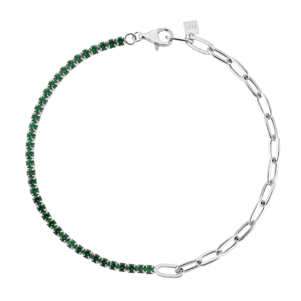 S925 Sterling Silver Diamond Stitching Green Stone Bracelet