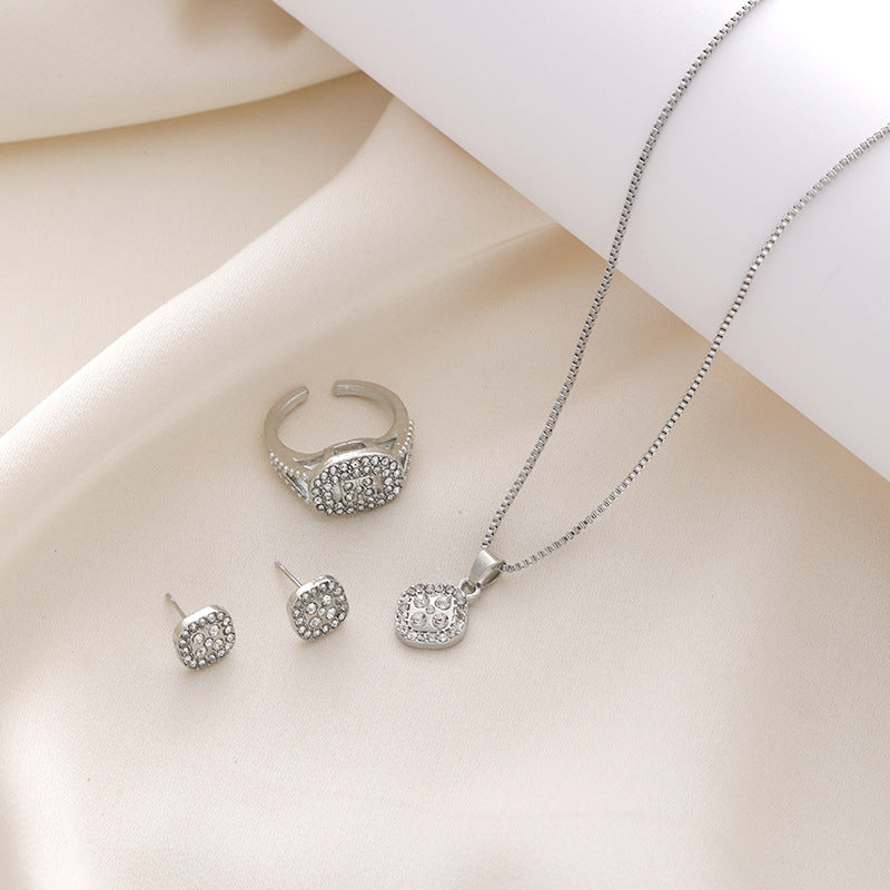 Diamant-Geometrisches-Halskette-Ring-Ohrringe-3-teiliges Set
