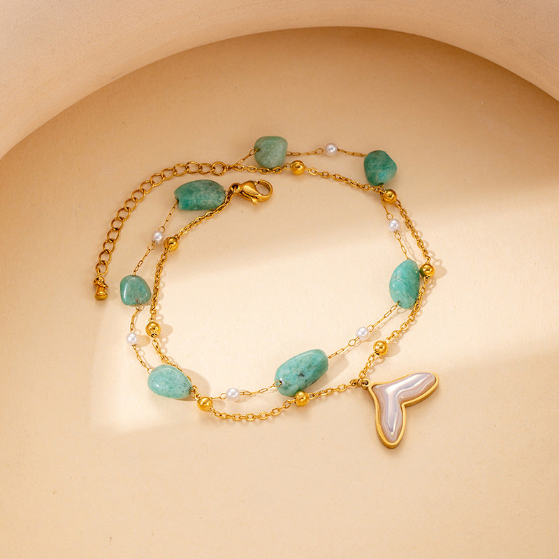 Pulsera de doble cadena con colgante de delfín y perlas de piedra artificial azul púrpura
