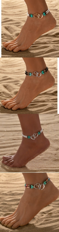 Mode Urlaub Stil Legierung Doppelte Herzperle Türkis Doppeltes Elastisches Fußkettchen