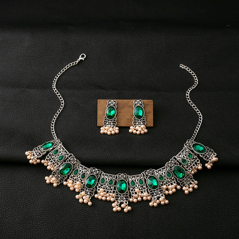 Vintage Smaragd Ohrringe Ethnischer Stil Quadratische Quaste Perlen Anhänger Schmuckset